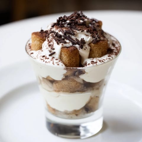 These elegant deconstructed tiramisu shots showcase fluffy cream, cocoa dust, and ladyfingers, perfect for dessert.