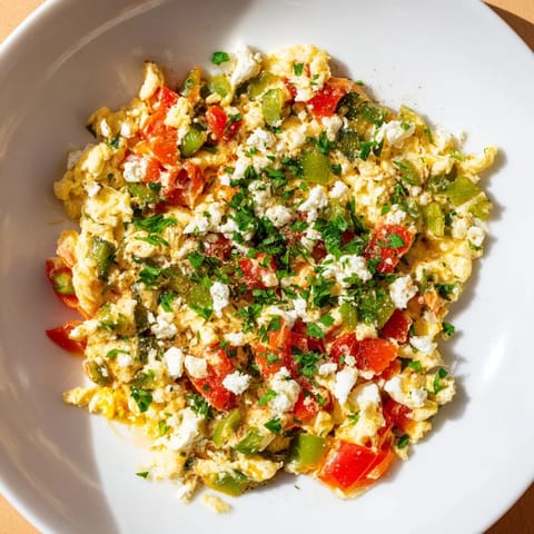 A fragrant skillet of Turkish menemen with fresh herbs, ready for serving with crusty bread, a delicious vegetarian meal.