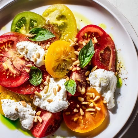 A colorful Heirloom Tomato Salad Board with fresh burrata, drizzled with fragrant basil oil, a perfect appetizer.