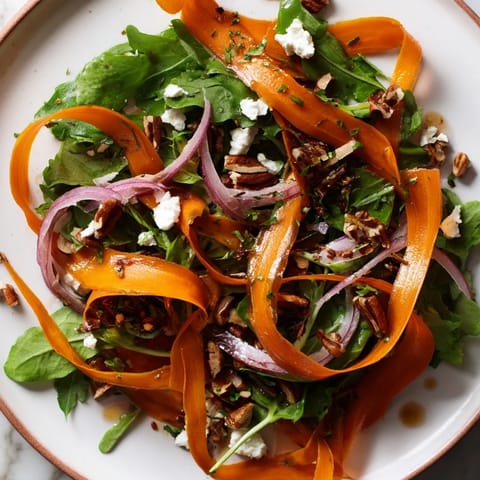 A colorful plate of roasted carrot ribbon salad, drizzled with honey-mustard vinaigrette.