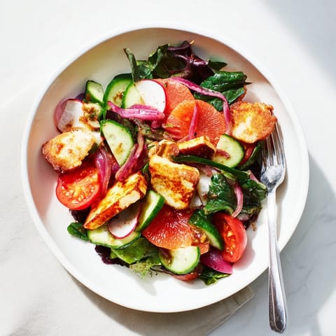 Close-up of Halloumi Blood Orange Fattoush salad drizzled with zesty sumac vinaigrette, featuring radishes, cucumbers, and cherry tomatoes.  