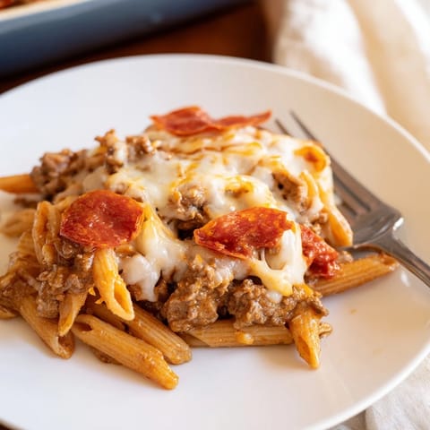 Close-up of the High Protein Italian Beef and Pasta Bake, revealing savory ground beef and tender vegetables in every cheesy bite.