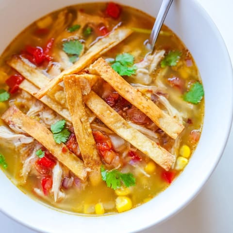 Close-up of Best Chicken Tortilla Soup featuring tender shredded chicken, fire-roasted tomatoes, and zesty lime wedges.