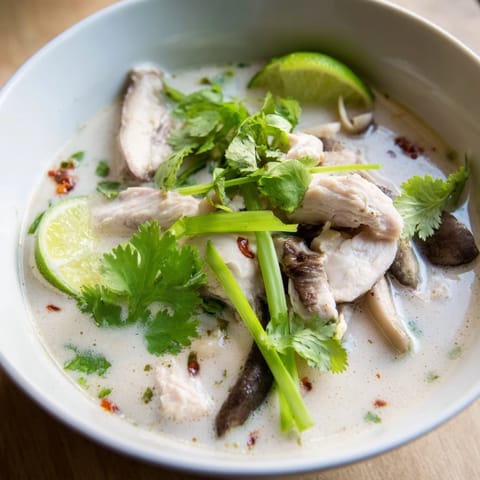 A bowl of creamy Best Ever Tom Kha Gai Soup, garnished with fresh cilantro and lime wedges.