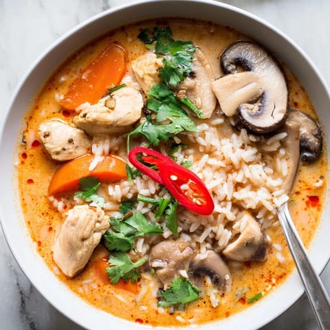 Creamy Thai coconut curry soup with tender chicken, mushrooms, carrots, and jasmine rice simmered in a fragrant broth.