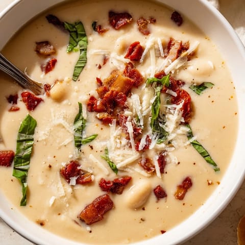 A bowl of creamy Tuscan white bean soup topped with crispy pancetta, fresh basil, and a drizzle of olive oil.