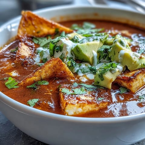 A steaming bowl of Sopa Azteca with crispy tortilla strips and fresh avocado.  