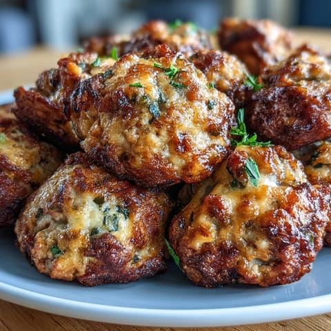 Close-up of warm Rotel Sausage Balls, showcasing their savory, cheesy texture and the specks of spicy diced tomatoes and chilies.  