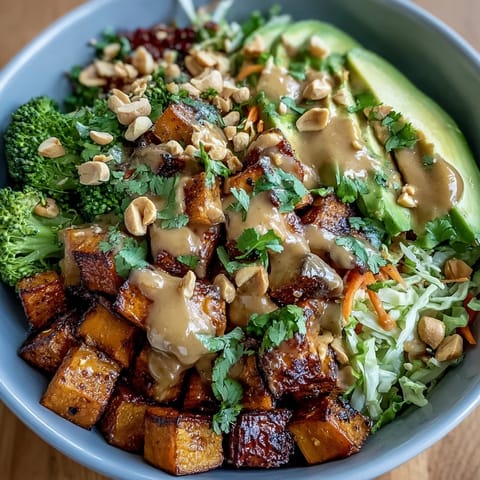 Freshly roasted sweet potatoes and crunchy veggies in a colorful Thai Peanut Sweet Potato Buddha Bowl, drizzled with savory peanut sauce.
