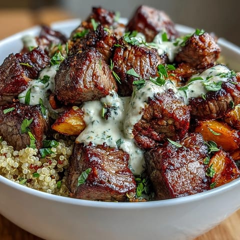 Savory Butternut Squash & Garlic Herb Steak Bowls served warm, featuring seared steak, vibrant veggies, and a rich, creamy sauce for a cozy meal.