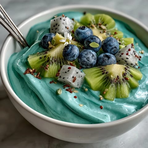 A vibrant blue Mermaid Smoothie Bowl topped with kiwi, blueberries, and dragon fruit on a rustic table.
