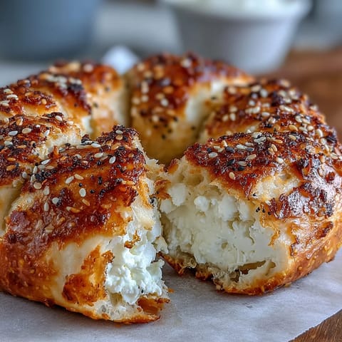 Homemade Greek Yogurt Bagels on a wooden board, sliced to show the fluffy, chewy interior and creamy spread.