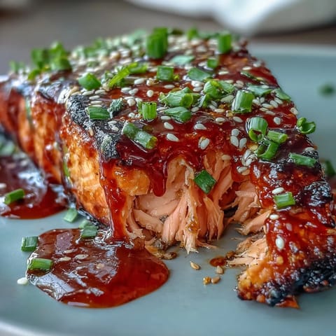 Flaky baked salmon fillets drizzled with creamy, spicy-sweet Bang Bang sauce, garnished with fresh green onions and sesame seeds.  
