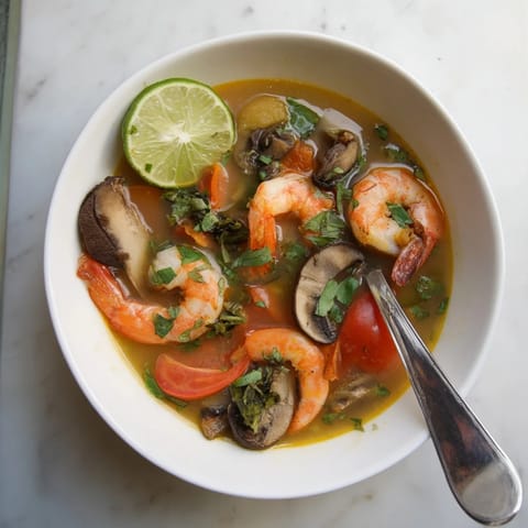 Tom Yum Soup in a white bowl with shrimp, mushrooms, and fresh cilantro garnish.