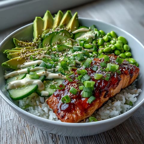 Irresistible glazed salmon over jasmine rice, a delicious Honey Sriracha Salmon Bowl.