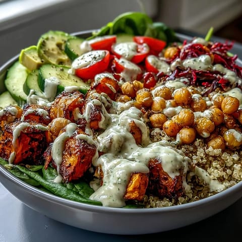 Vibrant Buddha Bowl with tender sweet potatoes, crispy chickpeas, fresh greens.