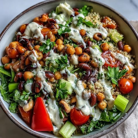 Fresh, chilled New Years Hoppin John Salad features black-eyed peas, chickpeas, and creamy tahini dressing in a vibrant bowl.