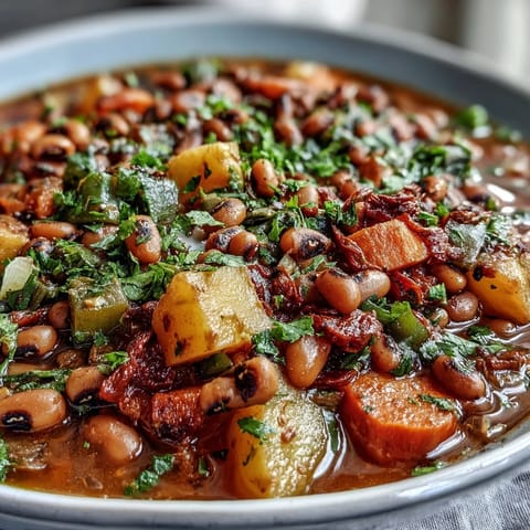 A rustic bowl of Black-Eyed Pea Stew with Chefs Touch, brimming with tender vegetables and fresh parsley.