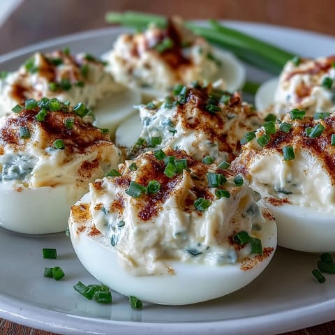 Tender egg whites filled with creamy, tangy yolk mixture, perfect for a picnic or party.