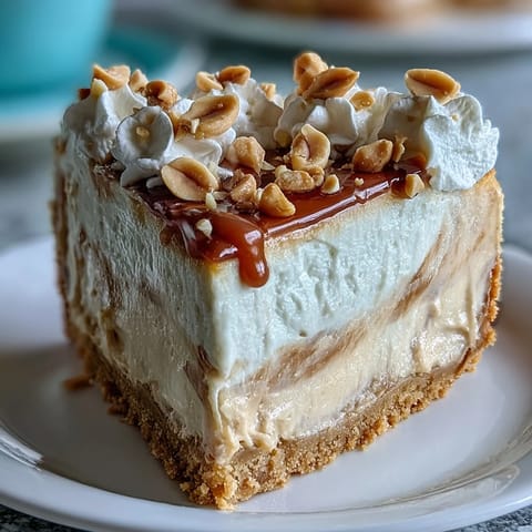A whole Nutter Butter Cheesecake garnished with chopped peanuts and cookies is ready to be sliced and served at a dessert party.