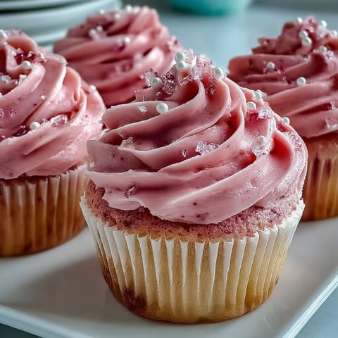 Freshly baked Pink Velvet Cupcakes with Vanilla Buttercream Frosting on a white plate, with a vibrant crumb peeking out.