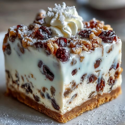 A close-up slice of Christmas Cheesecake Slab reveals its creamy texture, spice swirls, and jewel-like dried fruit nestled within the filling.