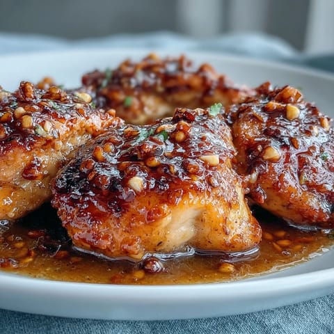 Golden-brown Slow Cooker Honey Mustard Chicken resting in a rich, glossy sauce, garnished with fresh parsley on a rustic plate.