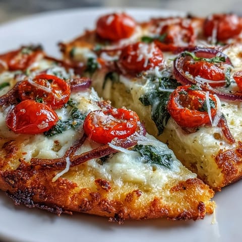 Bubbling mozzarella and bright cherry tomatoes on a saucy Crispy Garlic Parmesan Naan Pizza.