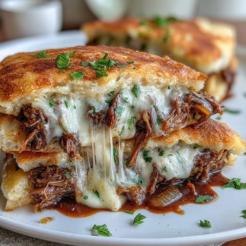 Slow Cooker Beef & Garlic Naan Melt piled high with shredded pot roast and onions on warm garlic naan, ready to serve.
