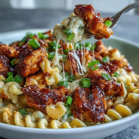 Savory Sticky Honey BBQ Chicken Pasta Skillet served steaming hot, garnished with fresh green onions for a bright, flavorful finish.