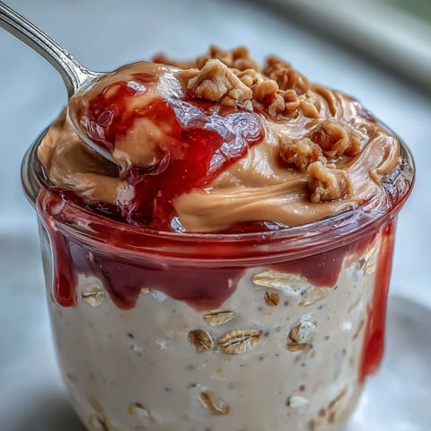 Thick Greek yogurt oats with peanut butter and fresh strawberry jam, served in clear glass jars.