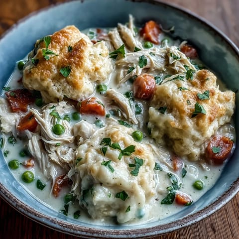 Creamy Slow Cooker Ranch Chicken & Dumplings simmering with tender shredded chicken, carrots, and peas under fluffy drop biscuits.