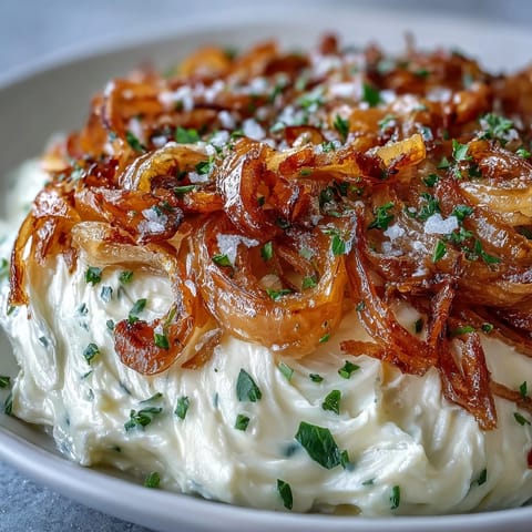 Golden caramelized onions top the Caramelized Onion Butter Board, a savory spread served with crisp crackers and fresh baguette slices on a wooden board.