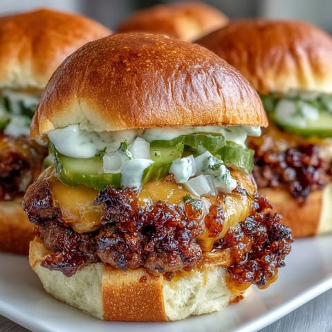 Golden-brown, crispy Mini Smash Burger Rolls on a toasted slider bun with melted cheddar cheese and diced onions.