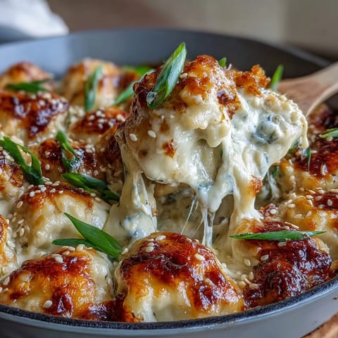 Golden, bubbly cheese covers a 9x9-inch pan of baked Trader Joes Dumpling Bake, garnished with scallions and sesame seeds.