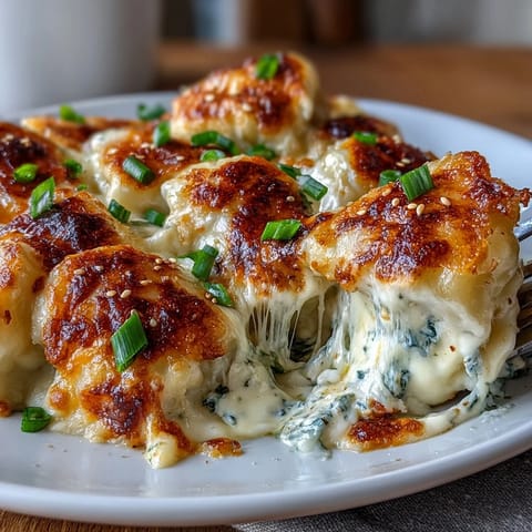 A 9x9-inch dish of Trader Joes Dumpling Bake features steaming, creamy sauce and mozzarella for an easy weeknight meal.