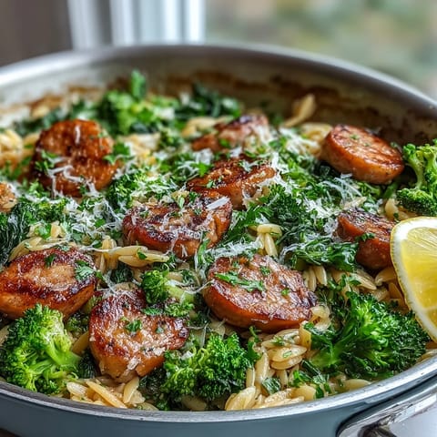 Golden-browned chicken sausage, tender orzo, and crisp broccoli in a one-pan skillet with melted Parmesan and fresh lemon.