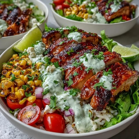Sliced grilled chicken, smoky street corn, diced tomatoes, red onion, and cotija cheese top a bed of greens for these colorful Healthy Chicken and Street Corn Bowls.