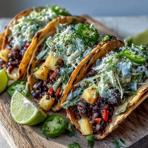 A top-down view of eight Tropic-Like-Its-Hot Pineapple Black Bean Tacos with Coconut Lime Slaw, ready to serve for a vibrant vegan weeknight dinner.