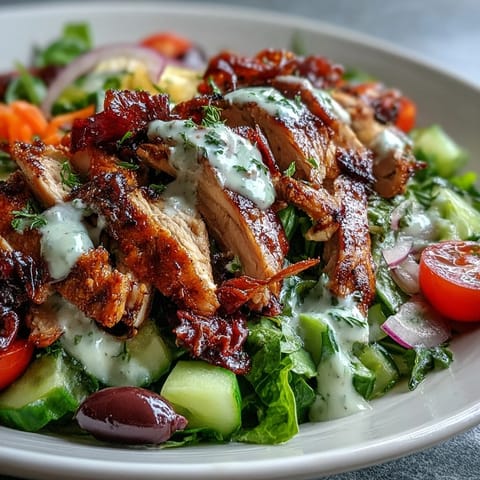 Golden spiced chicken slices top a colorful mix of veggies, finished with a creamy Lemon Tahini Drizzle over the salad.