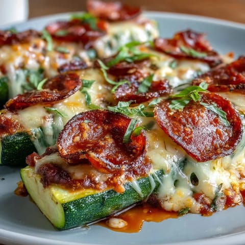 Golden, bubbly mozzarella and pepperoni top roasted zucchini boats filled with tangy tomato sauce.