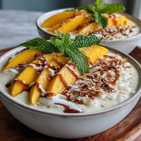 A close-up of Vegan Mango Sticky Rice Breakfast Bowls with creamy coconut drizzle and fresh mango slices.