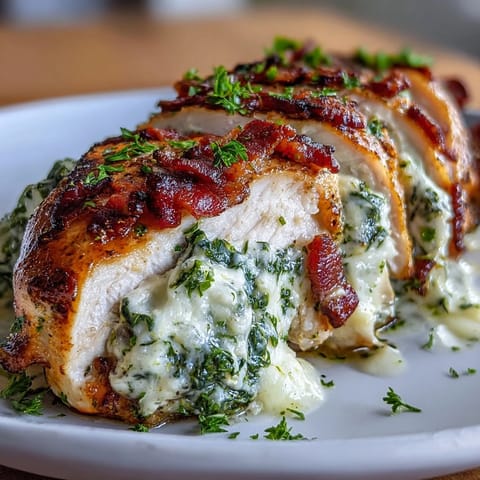 Keto spinach and bacon stuffed chicken breasts with garlic butter, baked until golden and juicy, served with melted cheese and savory filling.  