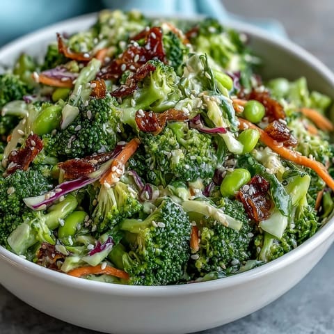 Colorful broccoli crunch salad featuring shredded cabbage, carrots, edamame, and green onions tossed in a tangy sesame-ginger dressing.  
