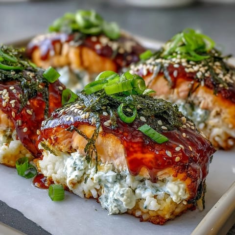 Golden baked salmon sushi casserole topped with furikake and green onions, perfect for family-style dinners.