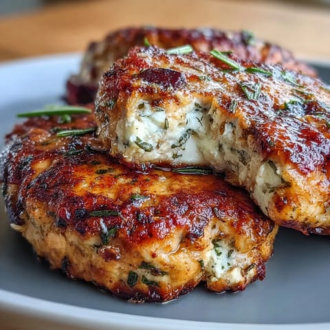 Golden-brown chicken patties infused with Mediterranean flavors, topped with crumbled feta and chopped parsley.  