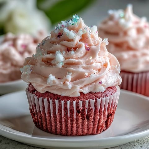 Fluffy pink velvet cupcakes topped with creamy, dreamy cream cheese frosting for a sweet Galentine's Day treat.  