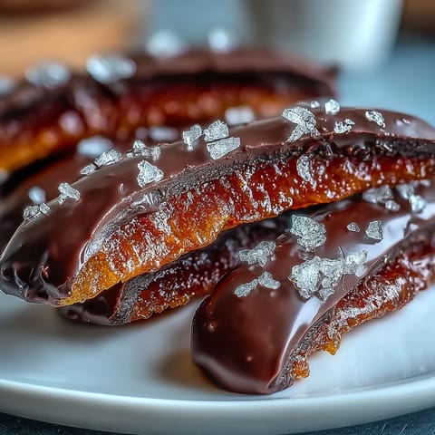 1. Candied orange peel dipped in dark chocolate: zesty citrus strips glistening with rich, glossy coating.  