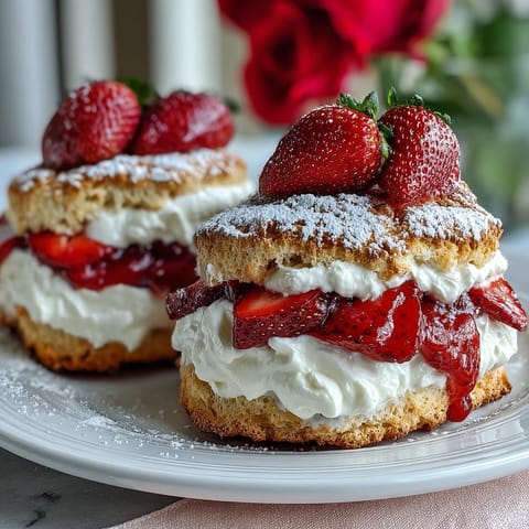 Classic strawberry shortcake featuring tender biscuits, juicy macerated berries, and billowy homemade whipped cream.  