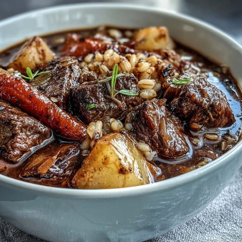 Hearty one-pot Guinness beef and barley stew with tender beef, root vegetables, and rich stout broth in a rustic pot.